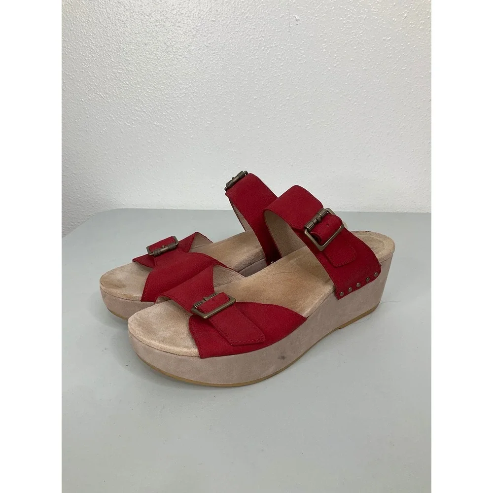 Dansko Red Nubuck Leather Platform Wedge Buckle Sandals Women 40 US 9.5-10